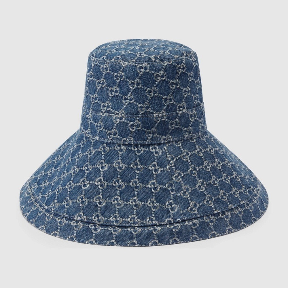 Navy Blue Jacquard Denim Monogram Wide Large Brim Bucket Hat Beach New Sun Cover - Picture 4 of 15